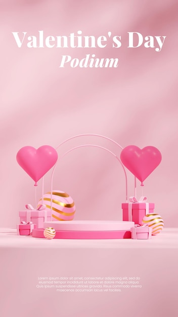 heart balloon, arch, and giftbox rendering 3d blank mockup pink cylinder round podium in portrait