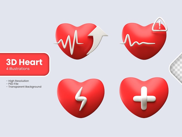 Heart care icon set 3d render Health and medical illustration