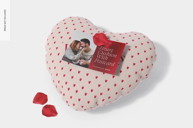 Heart Cushion with A5 Postcard Mockup,High Angle View