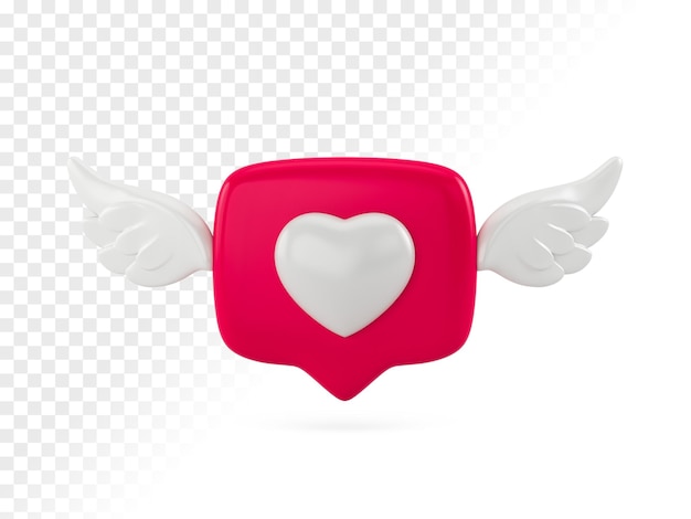 Heart icon on a red pin like with wings on isolated background 3d render illustration