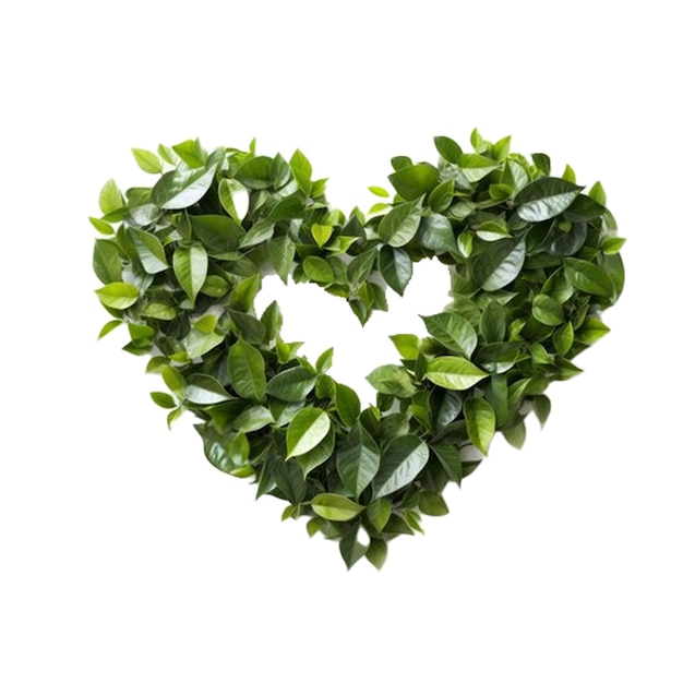 a heart made of green leaves and a white background