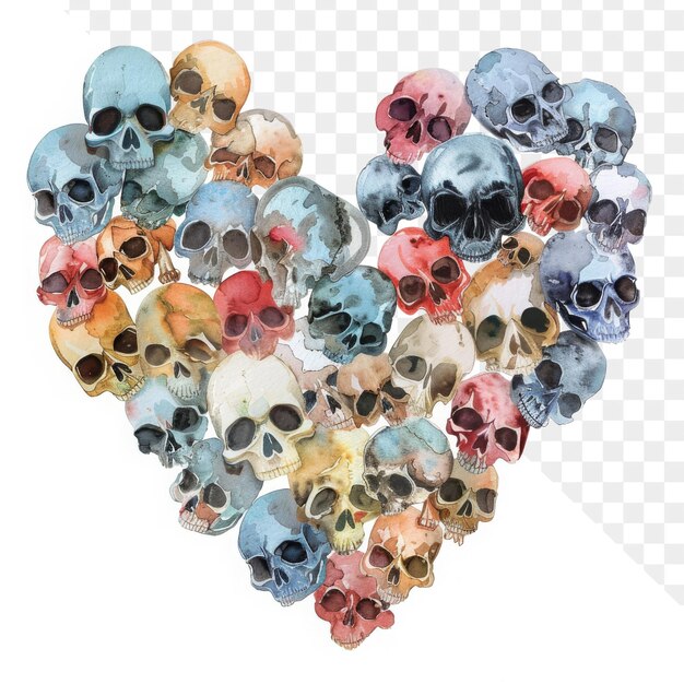 PSD a heart made of small skulls and the words  skulls  on a checkered background