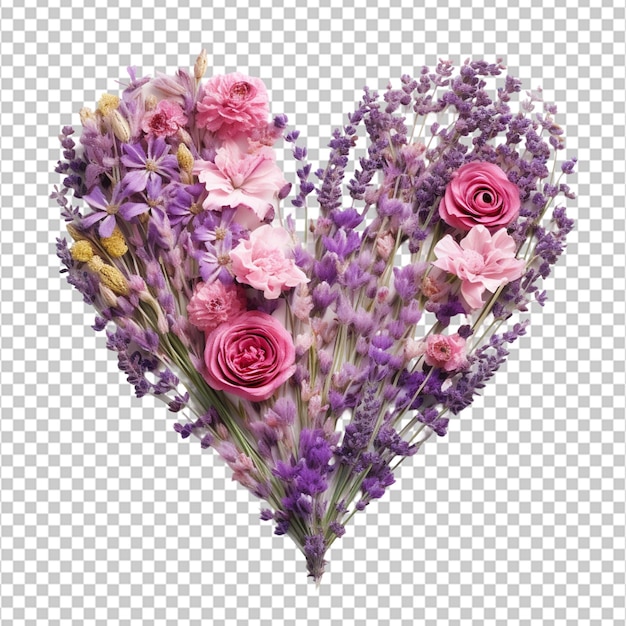 heart made with lavender and pink flower on white background