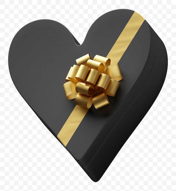 Heart shape gift box wrapped in dark black paper with luxury golden bow isolated