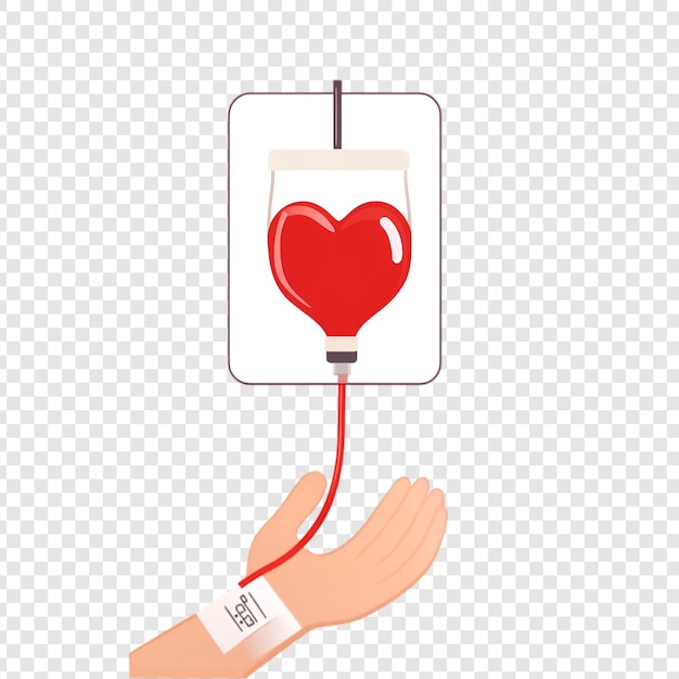 PSD heart shaped blood donation bag with an arm isolated on a transparent background