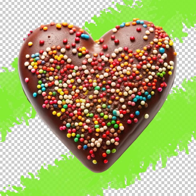 PSD heart shaped chocolate cake with colorful sprinkles isolated on a transparent background