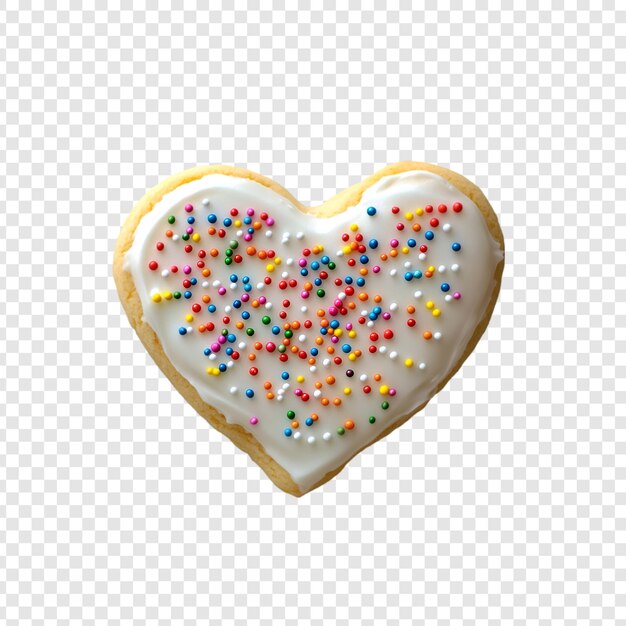 PSD heart shaped cookie with white icing and colorful sprinkles isolated on a transparent background