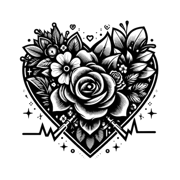 PSD a heart that has a black and white background with a black and white picture of flowers