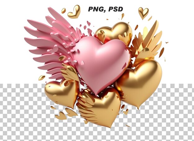 PSD a heart with gold wings and a pink heart with gold wings