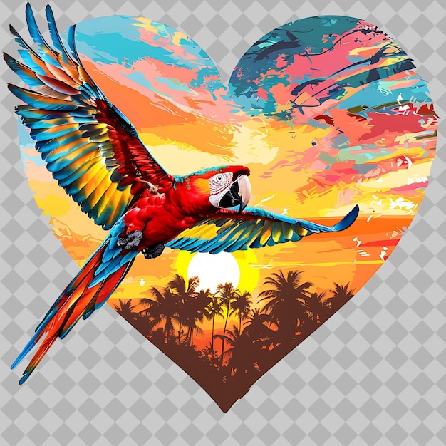 PSD a heart with a parrot flying in front of a sunset