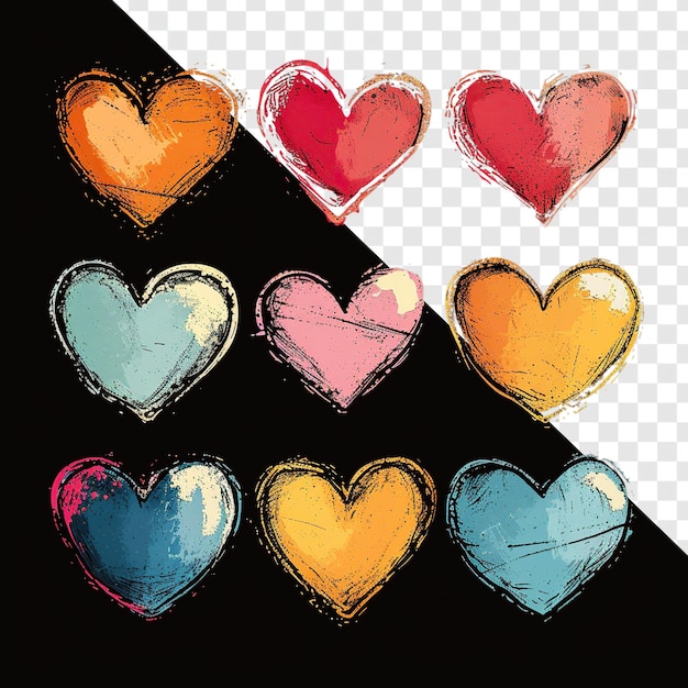 Hearts with Vintage Graphics and Nostalgic Colors on Black Background