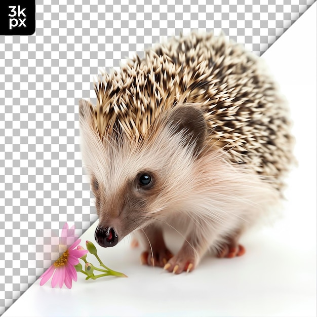 a hedgehog is sniffing a flower that is labeled with the letter h p