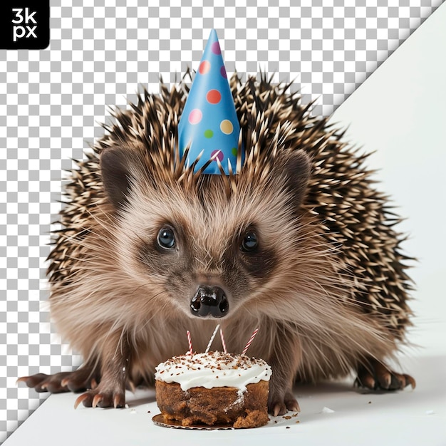 a hedgehog with a birthday cake on his head