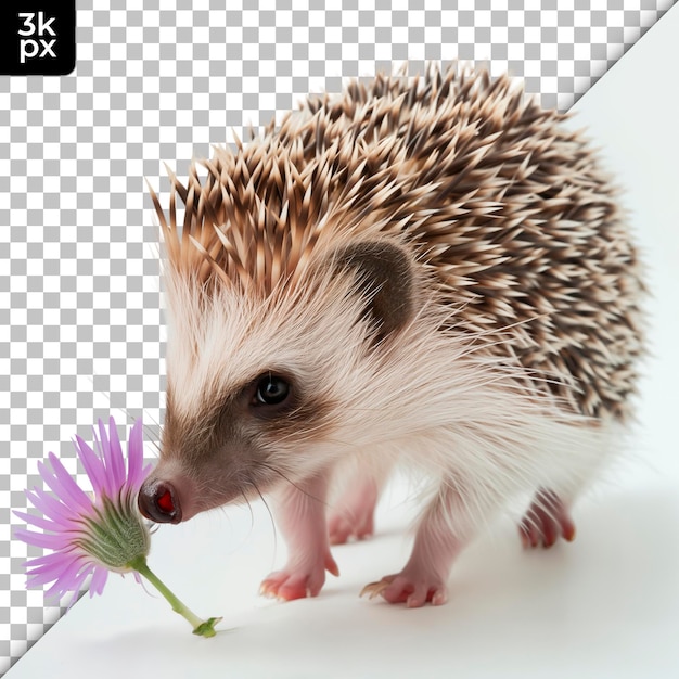 a hedgehog with a purple flower in its mouth