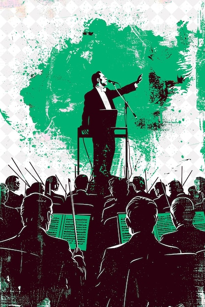 PSD heitor villa lobos conducting an orchestra with a red ganz r brazil scene and culture illustrations