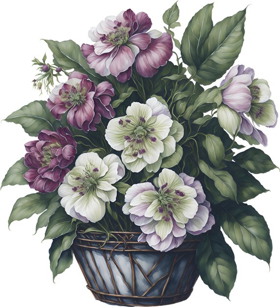 Hellebore flowers Closeup watercolor painting of Hellebore flowers