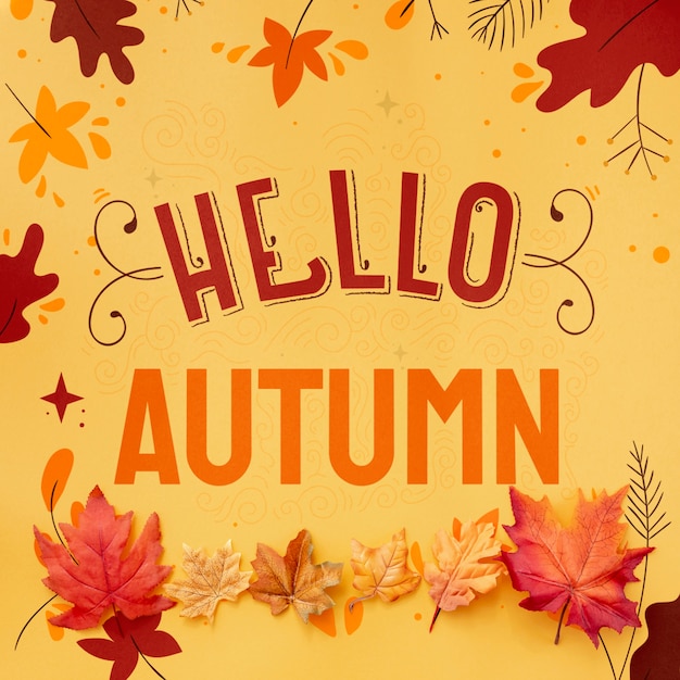 Hello autumn text with dried leaves