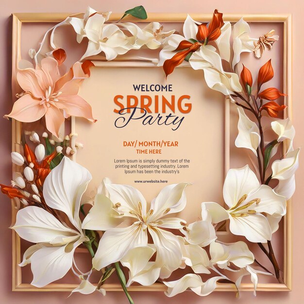 PSD hello spring banner template with square frame with anise magnolia flowers and calla lily