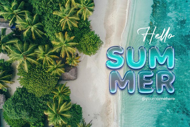 hello summer banner template with Photo relaxing aerial beach scene summer vacation holiday template