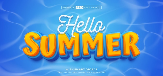 Hello summer editable text 3d style effect on blue water background