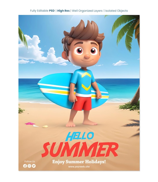 PSD hello summer poster template with 3d surfer boy cartoon character with surfboard on beach