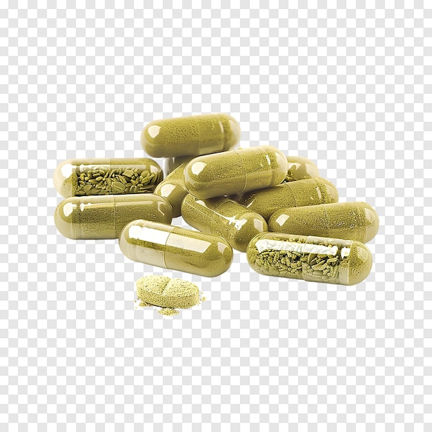 Herb powder capsules isolated on a transparent background