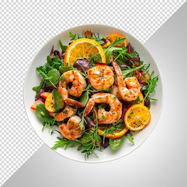 PSD herb salad topped with orange and fried shrimps isolated on white background