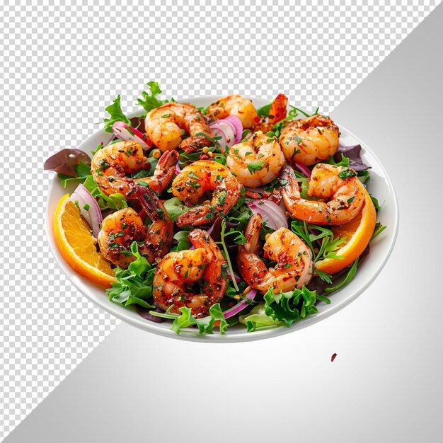 PSD herb salad topped with orange and fried shrimps isolated on white background