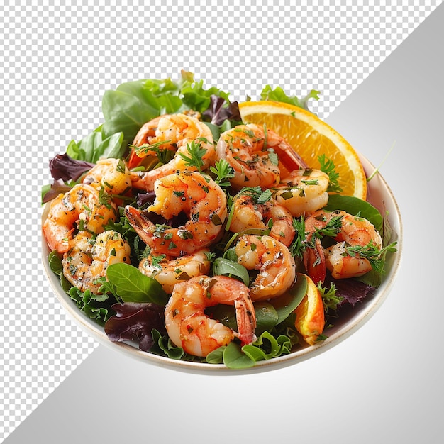 PSD herb salad topped with orange and fried shrimps isolated on white background