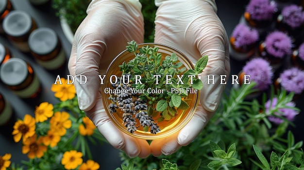 PSD herbal remedies in glass bowl held by gloved hands