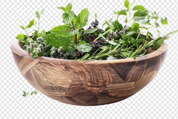 herbs in a wooden bowl isolated on transparent background