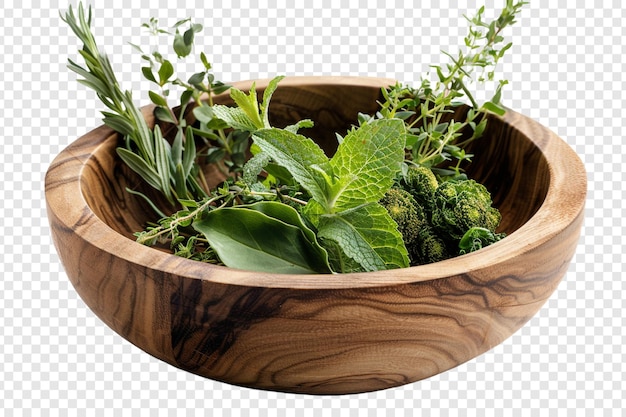 PSD herbs in a wooden bowl isolated on transparent background