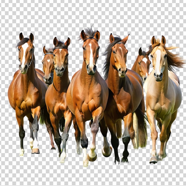 A herd of brown horses running on transparent background