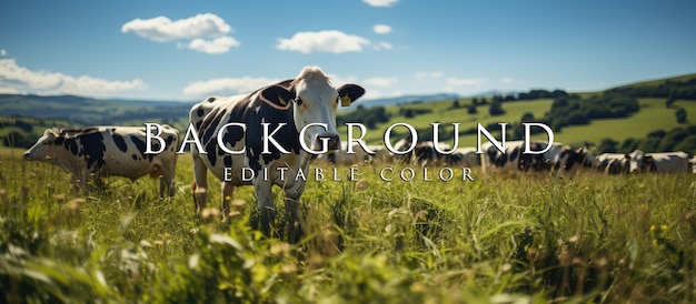 PSD herd of cows on green grass field in summer