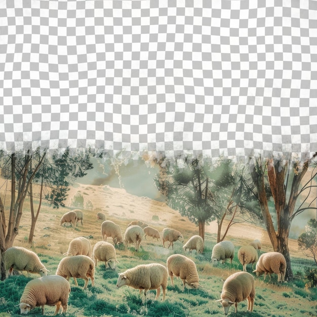 PSD a herd of sheep grazing on a field with a background of trees and a field with a hill in the background