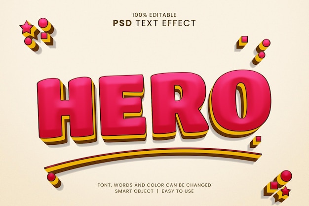 Hero text effect with cartoon style Photoshop editable 3d text effect