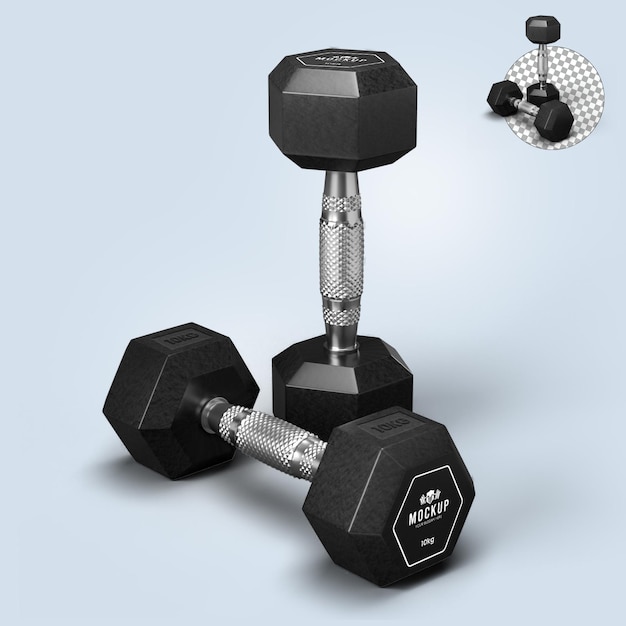 PSD hex dumbbells mockup on transparent background