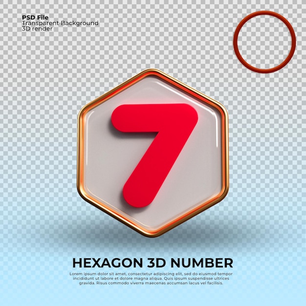 A hexagon 3d number 7 with a red hexagon number