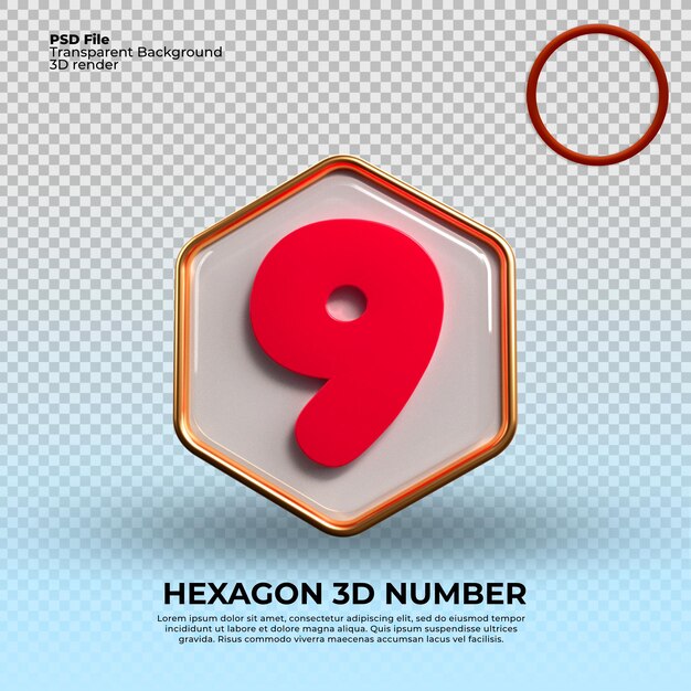 A hexagon 3d number 9 with a red hexagon number