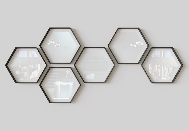 Hexagon photo frames hanging on wall Mockup