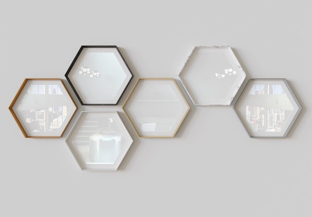 Hexagon photo frames hanging on wall Mockup