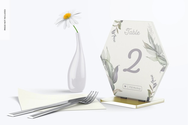 Hexagon Table Card Holder on Table Mockup