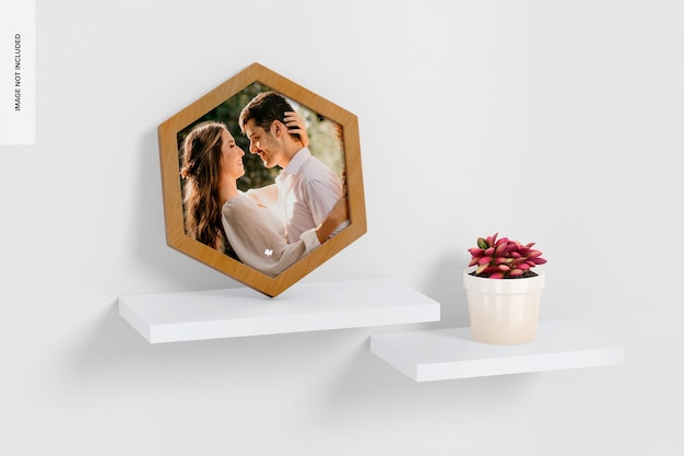 Hexagon Wall Photo Frame Mockup, on Shelf