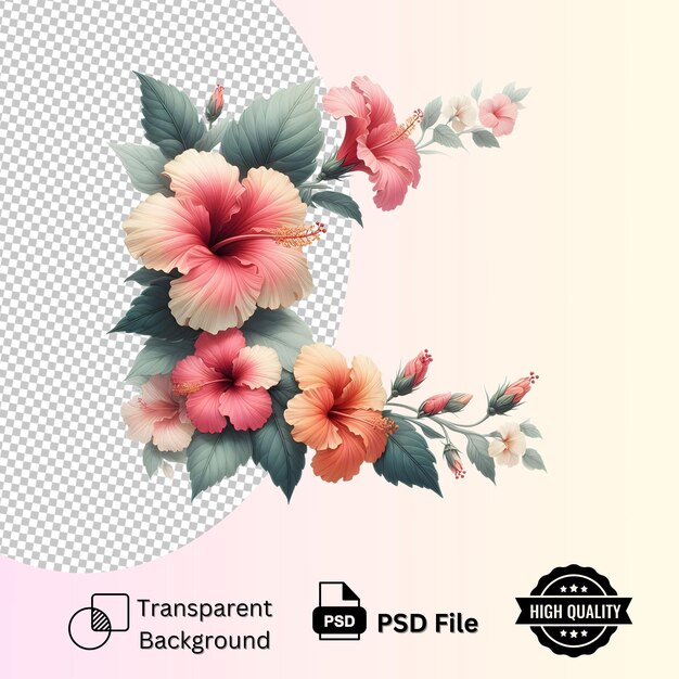 PSD hibiscus flower four corner border isolated on transparent background