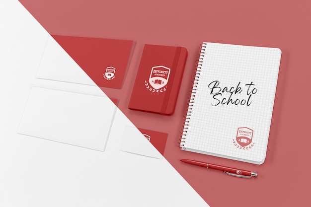 High angle of back to school essentials with notebook