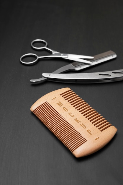 High angle barbershop tools arrangement mockup