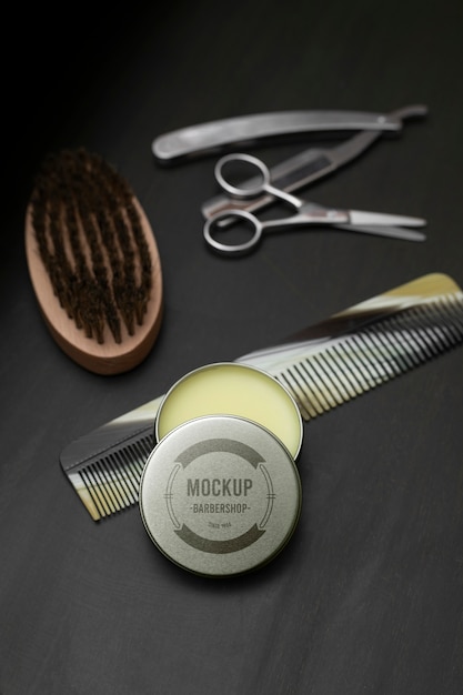 High angle barbershop tools assortment mockup