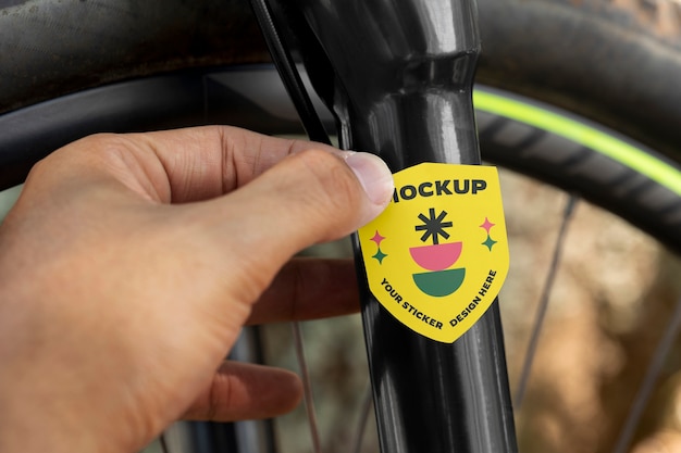 High angle hand holding bicycle sticker