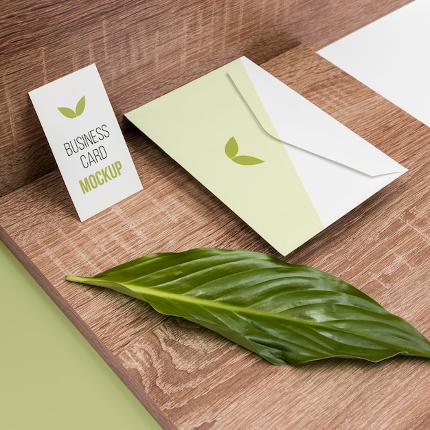 High angle stationery with leaf