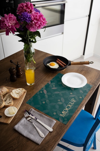 High angle table arrangement with bread and juice